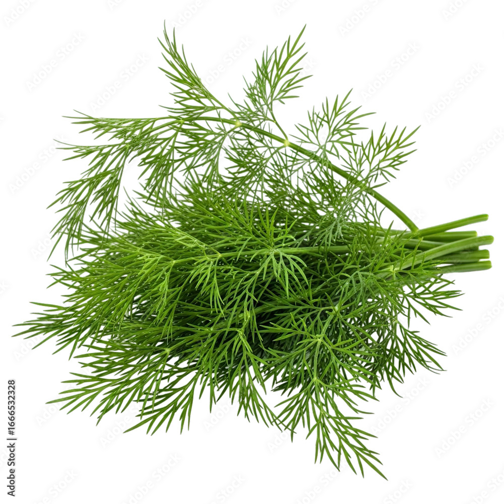 Fototapeta premium Photo of a fresh bunch of vibrant green dill herb, with delicate feathery leaves and stems, isolated on a transparent background, ideal for culinary use, garnishing, and adding flavor