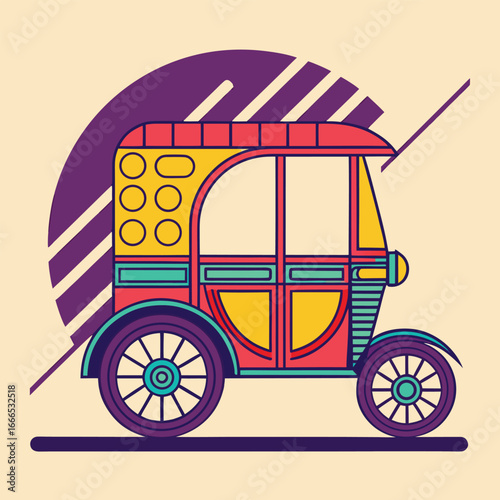 Vibrant Line Art Illustration of a Retro Auto Rickshaw, Bold Colors, Geometric Background,  Playful and Energetic Mood,  Perfect for Travel or Transportation Themes.
