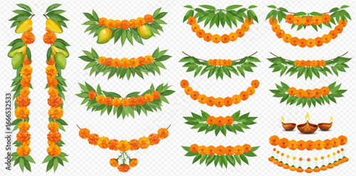 Collection of vibrant floral garlands and mango leaf decorations, perfect for festive occasions.