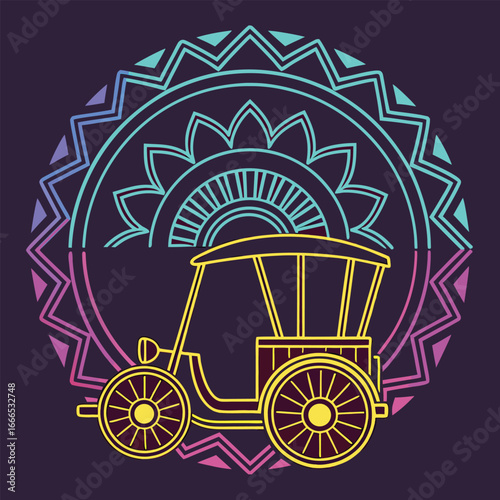 Vibrant Line Art Illustration:  Ornate Mandala-Framed Vintage Tricycle,  Exotic Travel Theme,  Bold Colors,  Retro Style,  Cultural Design Element.