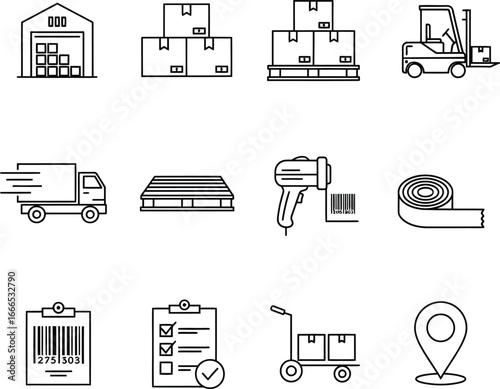 Logistics and delivery icons representing warehouse shipping and tracking