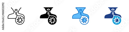 Throat Virus Multiple Style Icon Design Vector - Human upper torso with virus symbol near throat, indicating infection of respiratory tract