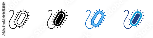 Bacteria Cell Multiple Style Icon Design Vector - single bacterial cell with flagellum and surface projections, representing microbiology