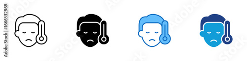 Fever Multiple Style Icon Design Vector - Sad face with thermometer, indicating fever or elevated body temperature
