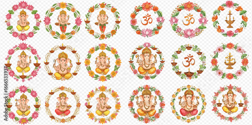 Eighteen circular designs featuring Lord Ganesha, Om symbol, and floral wreaths.