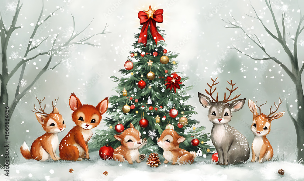 Naklejka premium Christmas and New Year background with festive decorations, snowflakes, and holiday-themed elements. Ideal for greeting cards, invitations, and seasonal designs.
