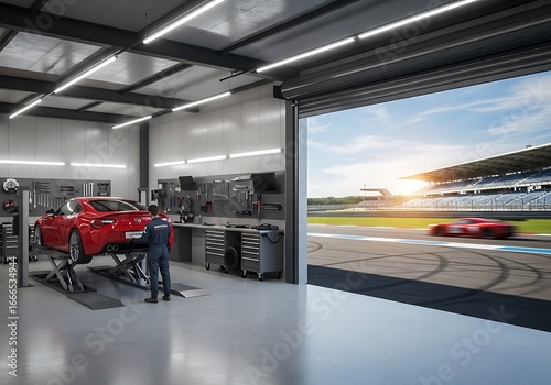 Modern auto repair shop with racetrack view