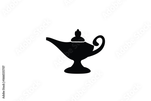A black silhouette of a classic genie lamp with handle and lid