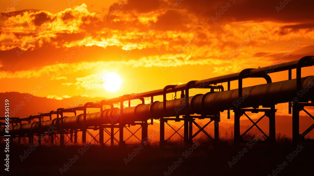 Golden sunset with pipeline system in industrial plant Golden sunset with pipeline system in industrial plant