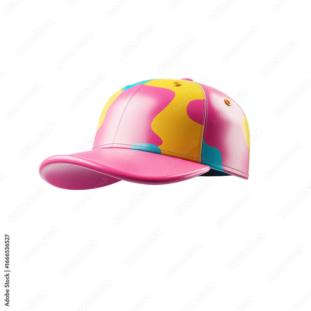 Fototapeta premium Vibrant multicolor camouflage cap with yellow blue and pink patterns