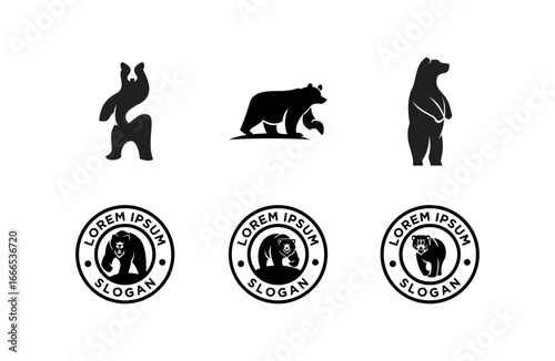 Bear Logo and Icon Collection: Set of Black Silhouette Animal Designs, Wildlife Badges, and Roaring Mascot Emblems