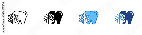 Sensitive Teeth Multiple Style Icon Vector Design - Two teeth with a snowflake icon, representing cold sensitivity, enamel issues, and nerve reaction