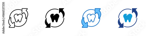 Tooth Cycle Multiple Style Icon Vector Design - tooth surrounded by two rotating arrows, representing oral care process, dental treatment cycles, and regular checkups