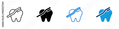 Brushing Tooth Multiple Style Icon Vector Design - tooth with a toothbrush across it, representing dental hygiene, daily brushing, and plaque removal