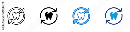 Tooth Refresh Multiple Style Icon Vector Design - tooth inside a circular arrow, representing dental renewal, oral routine, and hygiene maintenance