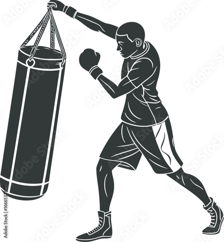 Silhouette of a Man Punching Boxing Bag – Vector Illustration