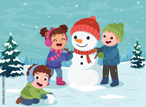 Cartoon cute kids playing outside on winter scene