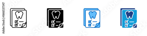 Dental Checklist Multiple Style Icon Vector Design - checklist with a tooth symbol, representing dental examination, treatment planning, and oral care tasks