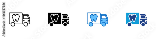 Dental Delivery Multiple Style Icon Vector Design - delivery truck with a tooth icon, representing dental product shipping, mobile clinics, and oral supply logistics