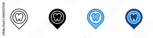 Dental Location Multiple Style Icon Vector Design - location pin with a tooth symbol, representing dental clinic location, oral care services, and nearby dentist
