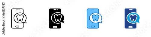 Dental Online Consultation Multiple Style Icon Vector Design - smartphone with a chat bubble containing a tooth, representing dental chat, dental app, and teledentistry