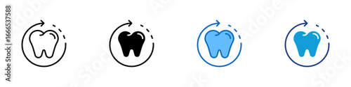 Dental Motion Multiple Style Icon Vector Design - tooth within a dashed circular path and arrow, representing tooth regeneration, dental process, and oral improvement