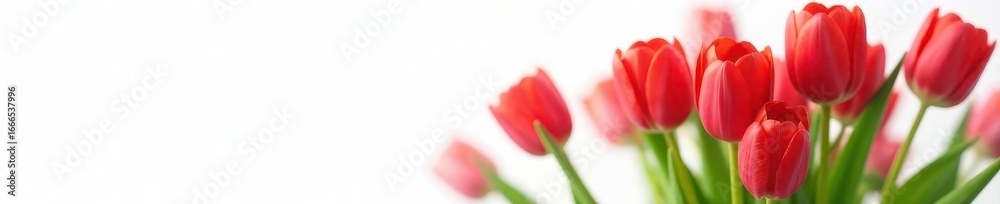 Fototapeta premium Vibrant red tulips, single blooms & bouquet, white background , valentines, passion, leaves