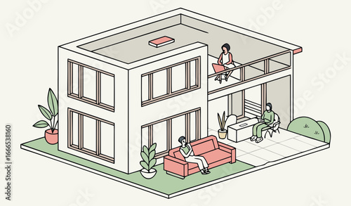 Isometric view of a two story building with people plants and furniture in a modern design style