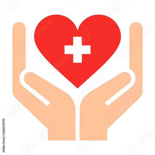 Health care icon, medical cross in red heart and hands. Medical care symbol. Emergency medical sign.