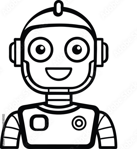 "Robot Icon – Black Outline of Friendly Humanoid Bot with Smile"


