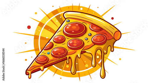 Delicious slice of pepperoni pizza, vector illustration isolated on white, melted cheese glows golden, pepperoni circles radiate warmth, minimalist yet flavorful composition balances realism with play