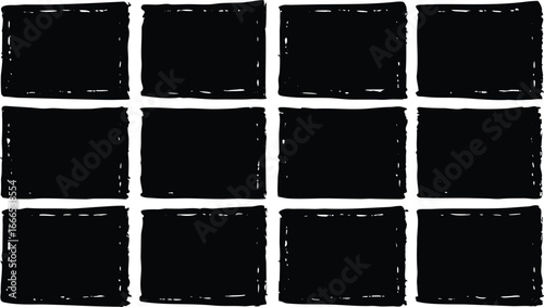 Twelve distressed black squares with rough white borders, arranged in a 3x4 grid, isolated on white background