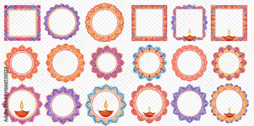 Collection of ornate Diwali-themed frames, circular and square, featuring decorative patterns and diyas.