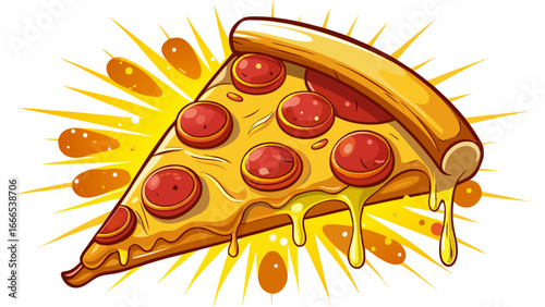 Delicious slice of pepperoni pizza, vector illustration isolated on white, melted cheese glows golden, pepperoni circles radiate warmth, minimalist yet flavorful composition balances realism with play