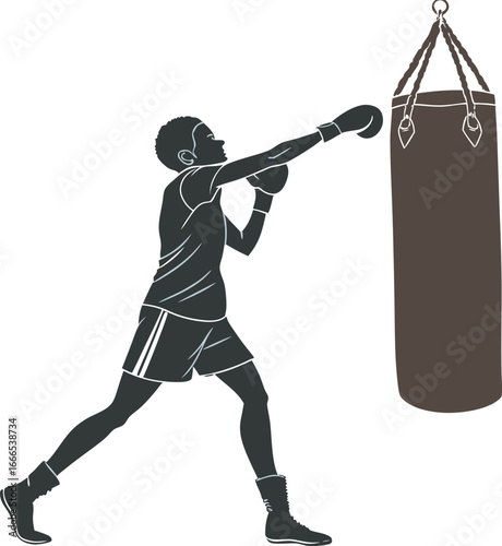 Silhouette of a Man Punching Boxing Bag – Vector Illustration