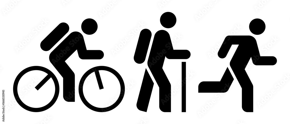 Obraz premium Hiking, jogging and biking symbols. Tourist, runner and cyclist icon set. Pilgrim, athlete, tourist signs.