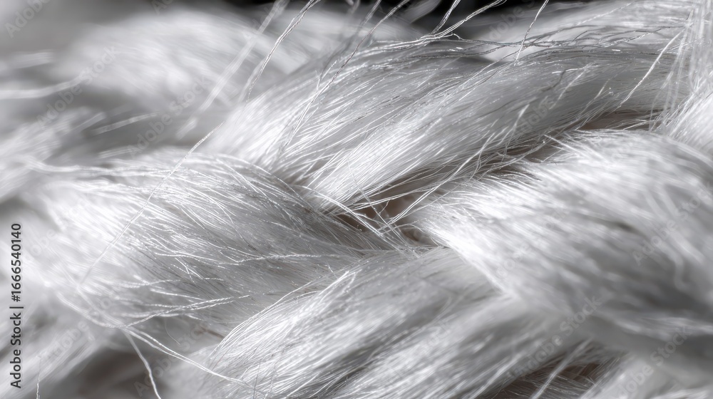 Obraz premium Close-up macro photography of braided white fibers with silky texture, detailed woven threads, natural textile material, fiber art, fabric texture, organic, soft and shiny strands