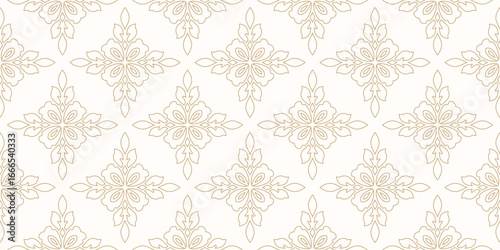 Luxury linear floral ornament. Subtle golden seamless pattern with abstract outline flower silhouettes, foliage. Gold and white minimal design. Geometric vector background in damask, oriental style