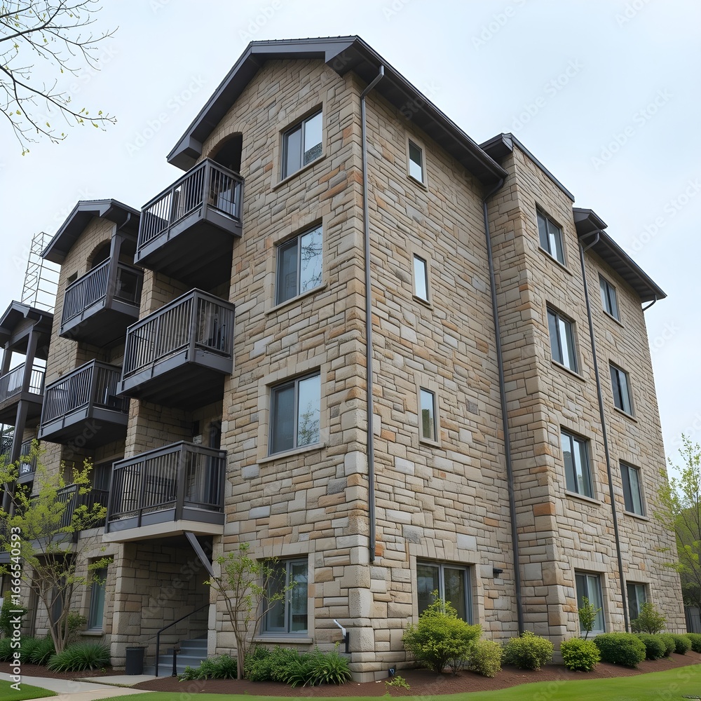 Obraz premium Nature-friendly building, stone finish building, a building made of brick, AI Generative