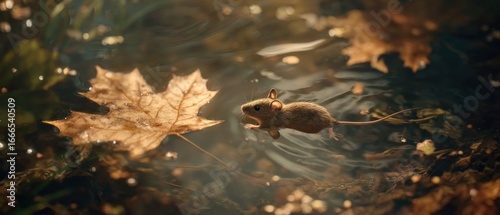 Small mouse swimming in water near a large leaf during the autumn season outdoors