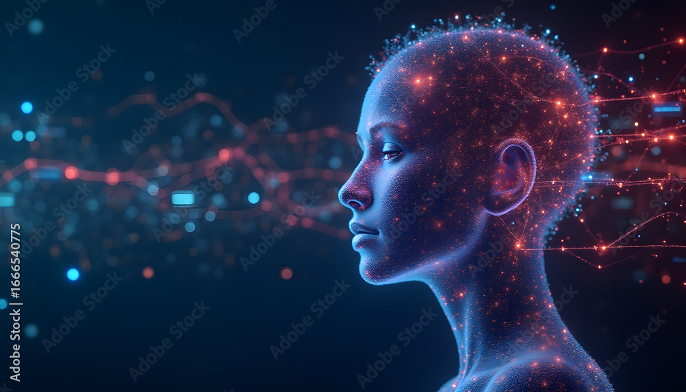 Obraz premium Neon data streams flowing into human silhoue