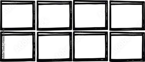 Eight blank window frames arranged in a 2x4 grid, isolated on a white background, handdrawn sketch style