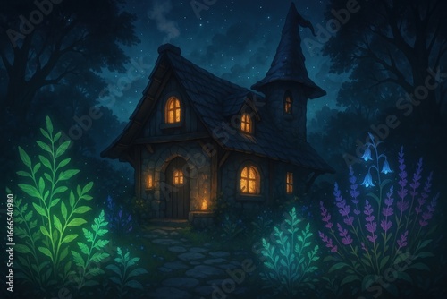 Enchanting cottage amidst magical forest.