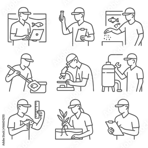 Aquaculturist and Aquaculture Industry Linear Icons Set