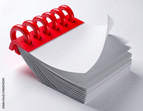 Blank spiral-bound notepad with red binding and pages being turned