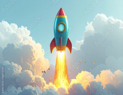 A vibrant cartoon rocket ascends through fluffy clouds, trailing a bright orange fire plume as it launches into the bright blue sky, symbolizing exploration and ambition