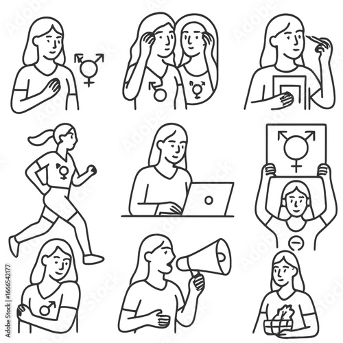 Transgender Woman Daily Life and Activities Linear Icons Set