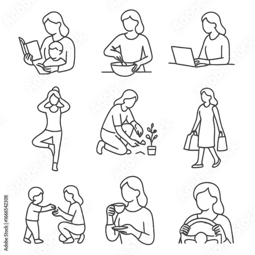 Mother’s Daily Activities Line Art Icons Set