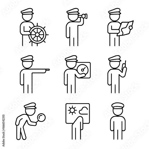 Ship Captain Activities Line Art Icons Set