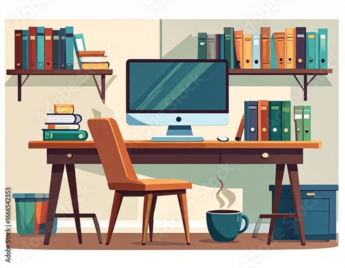 A cozy and organized home office setup with a wooden desk, computer, chair, and bookshelves filled with books, creating a productive and inviting workspace